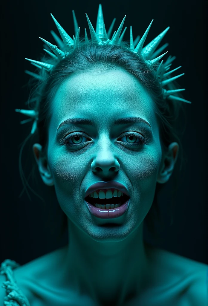 A dirty evidence image((A hyper-realistic close-up portrait of a tattooed girl with MS18 symbols etched into her face and worms))-evoking a mix of repugnancy and horror. ((open mouth:1.235)), She is a alopécica blonde with messy ponytails, Her face is sweaty(with very pale and wet skin, Saliva is dropping). Slime snails. nose mucus, very dirty pale skin. larvas sourronded slime snails
((open mouth-revealing crooked, shark-like teeth-Saliva drips with nasty worms:1.4237)). due to infection with the bacteria Neisseria gonorrhoeae
(Around her face a disembodied hands are positioned in strange, unnatural poses—some gently touching her cheeks, others stretching her eyelids or pressing against her lips. One of the hands wields a knife, adding a threatening undertone to the image:1.27). CHOLO girl dressed.
((A green glowing slime oozes over her body and across the entire picture)), long dirty nails
The photograph is set against a dim, neon-lit background, where halftone patterns and neon lights create a vibrant yet creepy atmosphere. ((The color scheme consists of cool tones of black/pink, with hints of muted glowing green/gold))-that blend the figure with an eerie forest-like surrounding.