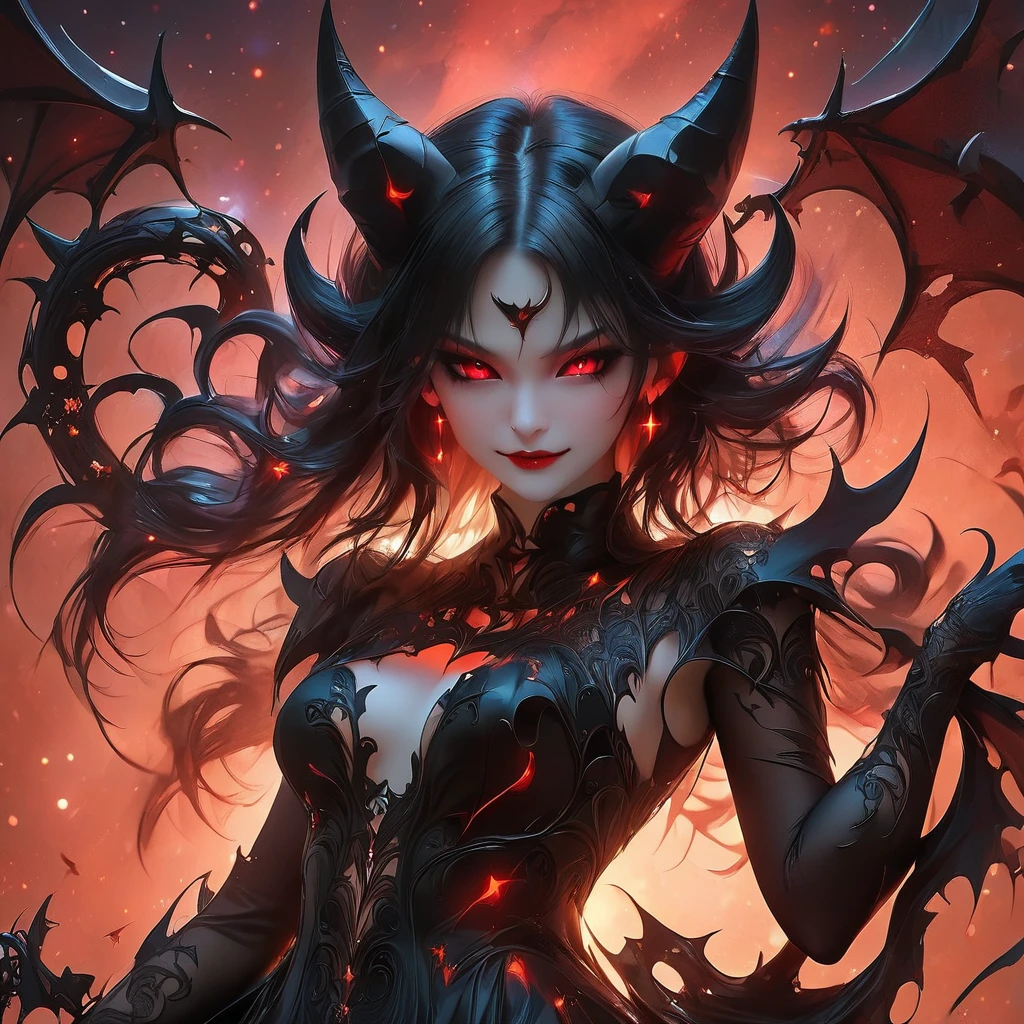 detailed demon-like woman, vibrant black and red eyes, intricate horns, sharp teeth, ebony hair, pale skin, dark fantasy, cinematic lighting, dramatic chiaroscuro, rich colors, highly detailed, photorealistic, 8k, masterpiece
