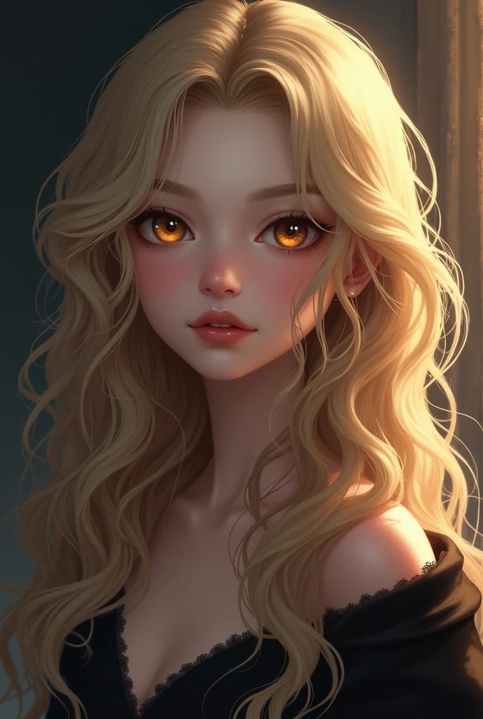 Dark aesthetic drawn anime style woman with long and abundant curly hair, dark blonde color, white skin tone and brown eyes