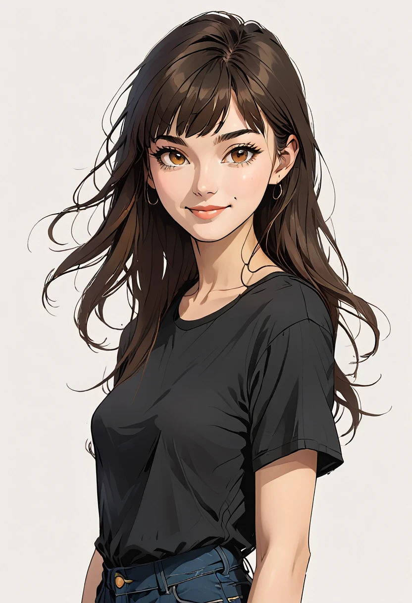 A beautiful 20-year-old woman stands alone, wearing a black t-shirt. She has long, straight dark brown hair with a fringe. Her deep, rich brown eyes are so dark they almost appear black in certain lighting, with a warm, earthy undertone that adds depth to her gaze. Her skin is a black. She gives a subtle, charming smile at the camera, set against a white background.