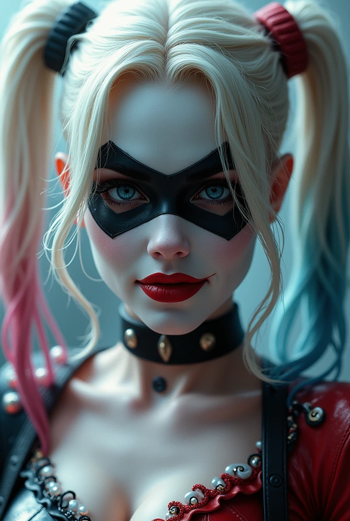 a brightly colored painting of a woman with a clown makeup, portrait of harley quinn, harley quinn, of harley quinn, harley queen, art of alessandro pautasso, vibrant fan art, colourful movie art, vibrant colors hyper realism, vibrant cartoon art, rossdraws cartoon vibrant, margot robbie as harley quinn, neon operator margot robbie, artgerm colorful!!!