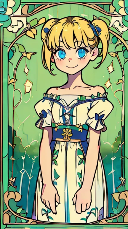 (1girl, solo, highly insanely detailed, masterpiece, top quality, best quality, highres, 4k, 8k, RAW photo),((innocent look)),((Childish)),From the front, symmetrical composition,smile,cute,Innocent,Kind eyes,Flat chest,ArsMJStyle, Art Nouveau Style, forest, vines, (deedee), (blonde hair, solo, twintails, blue eyes, 1girl, short twintails, smile),
(v1nedr3ss), child 