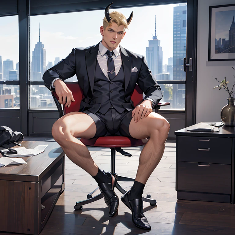 full body view, realistic photo, sleek corporate board room, one arrogant devilishly handsome dapper warlock with square jawline, prominent cheekbones, luscious lips, silver demon horns, in dapper suit, tie, fine elegant shoes, fine black socks, wonderful golden rings, is sitting, while his shoes are smelled by one slim angelic bodybuilded blond man in spandex shirt and shorts showing off his over-inflated muscles, with no shoes, large windows with urban skyline, large view