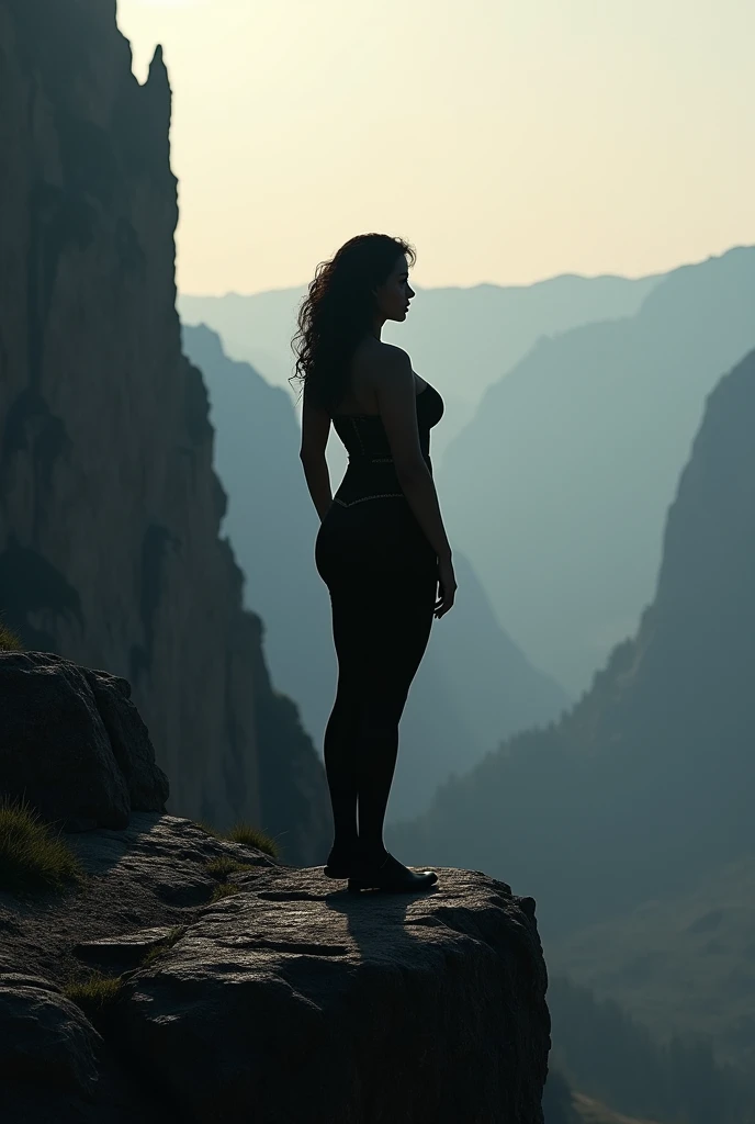 View from the front. Full body. Woman (in sweaty t-shirt) steps out of fog, fog surrounds her, (large scaly clawed) hands reach out from behind her