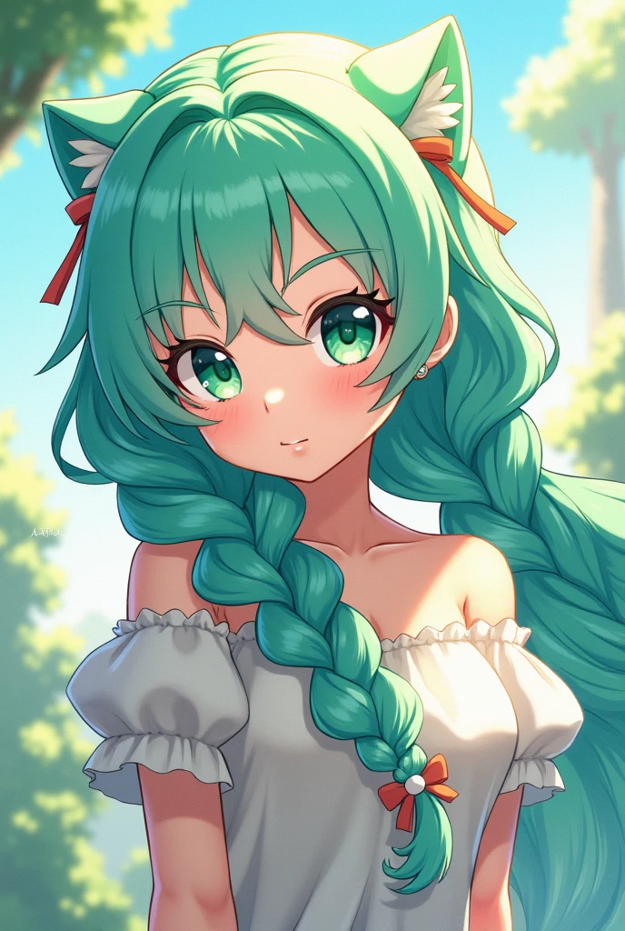 (in the style of Aikatsu),emerald and mint eyes with low long lashes. She has thick tea-green hair with turquoise highlights that are shaded pink, her bangs and sidelocks slightly curled at the end. Her long, knee-length hair is half braided, half lose, the ends heavily curled.