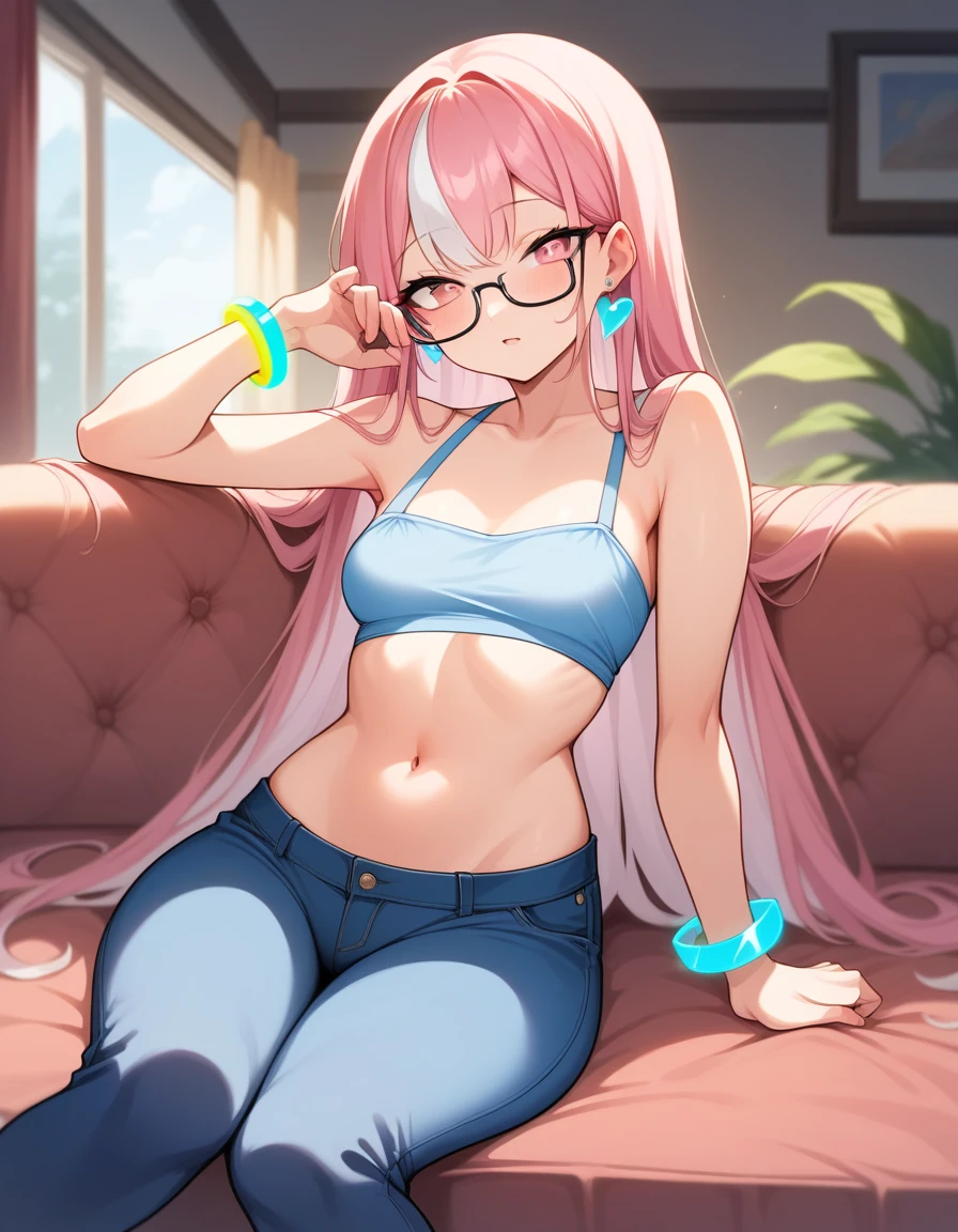 a girl with long pink hair and white streaks, vibrant pink eyes and small breasts. She wears a pink and blue outfit, next to a blue heart earring, colorful bracelets and glasses with purple lenses, Her outfit is cute and short, But provocative and inviting, pink shorts with lines and short, light blue top , lazing on the living room couch, resting your cheek on your hand and your elbow on the sofa. She smiles annoyingly and mischievously, Her breasts almost exposed.  long hair, pink hair with white highlights