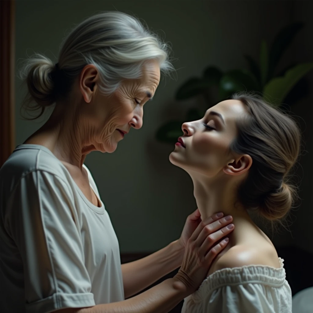 Create a naked girl and an old woman in a kitchen sitting talking at a table