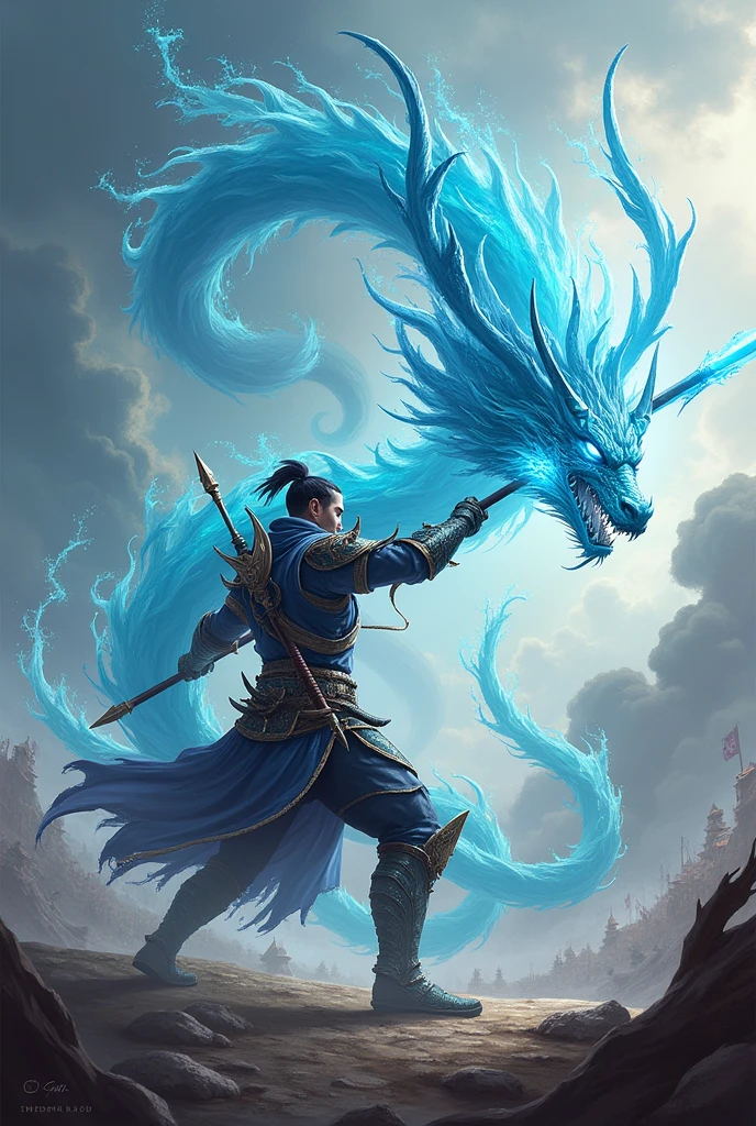 A blue dragon with lightning comes out of its mouth..., storm dragon, Lightning Dragon Attack, epic dragon, cyan chinese dragon fantasy, blue scaled dragon, blue dragon, legendary dragon, charging through a dragons lair, colossal dragon as background, Hearthstone Fantasy Art Style, frost dragon, crystal dragon, Hearthstone Card Art, Blue lightning, Hearthstone Card Art