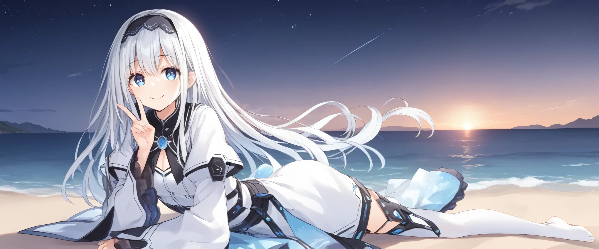 score_9, score_8_up, score_7_up, arusu maria,1girl, solo, long hair, blue eyes, white hair,hair between eyes,white dress,white thighhighs, long sleeves, wide sleeves,black hairband,Face, peace pose, smiling, sit, rised hand, beach, cheerful, swimsuit, black night sky, stars in the sky, universe in the sky, bright eyes, bright water, cute pose, ass, feet, chest, arms, curves, face, thighs, hair,