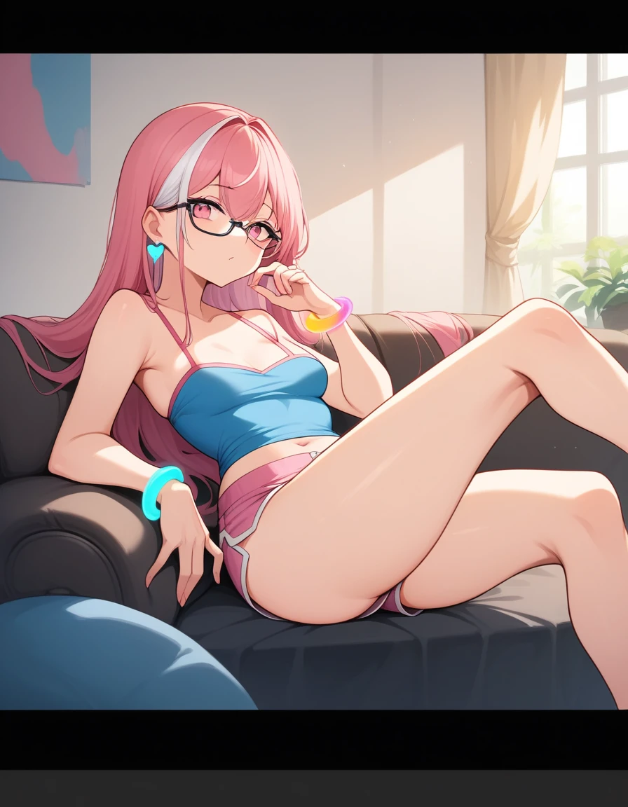 a girl with long pink hair and white streaks, vibrant pink eyes and small breasts. She wears a pink and blue outfit, next to a blue heart earring, colorful bracelets and glasses with purple lenses, Her outfit is cute and short, But provocative and inviting, pink shorts with lines and short, light blue top , lazing on the living room couch, resting your cheek on your hand and your elbow on the sofa. She smiles annoyingly and mischievously, Her breasts almost exposed.  long hair, pink hair with white highlights