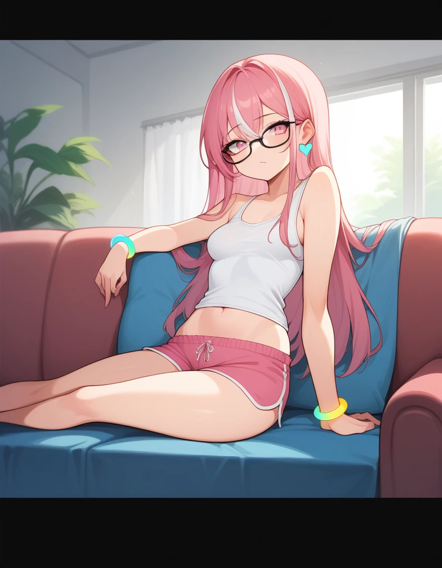 a girl with long pink hair and white streaks, vibrant pink eyes and small breasts. She wears a pink and blue outfit, next to a blue heart earring, colorful bracelets and glasses with purple lenses, Her outfit is cute and short, But provocative and inviting, pink shorts with lines and short, light blue top , lazing on the living room couch, resting your cheek on your hand and your elbow on the sofa. She smiles annoyingly and mischievously, Her breasts almost exposed.  long hair, pink hair with white highlights