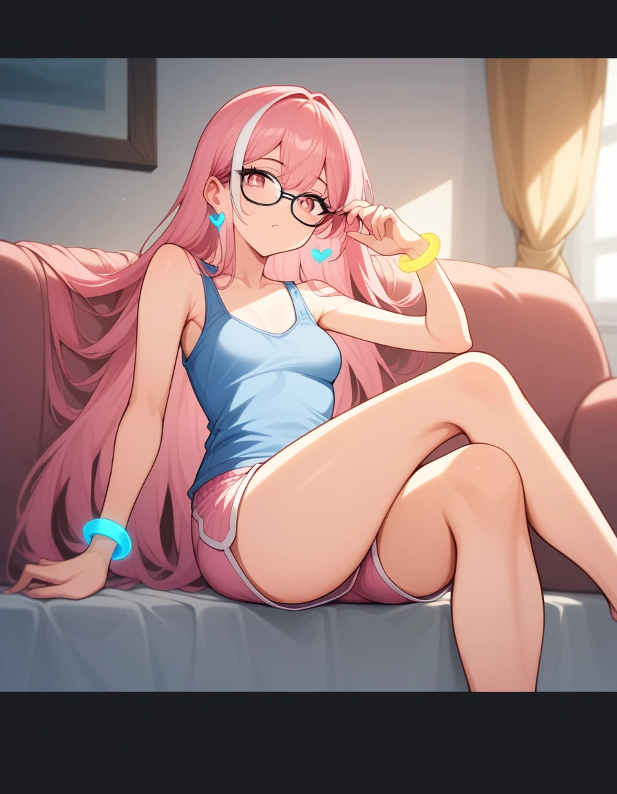 a girl with long pink hair and white streaks, vibrant pink eyes and small breasts. She wears a pink and blue outfit, next to a blue heart earring, colorful bracelets and glasses with purple lenses, Her outfit is cute and short, But provocative and inviting, pink shorts with lines and short, light blue top , lazing on the living room couch, resting your cheek on your hand and your elbow on the sofa. She smiles annoyingly and mischievously, Her breasts almost exposed.  long hair, pink hair with white highlights