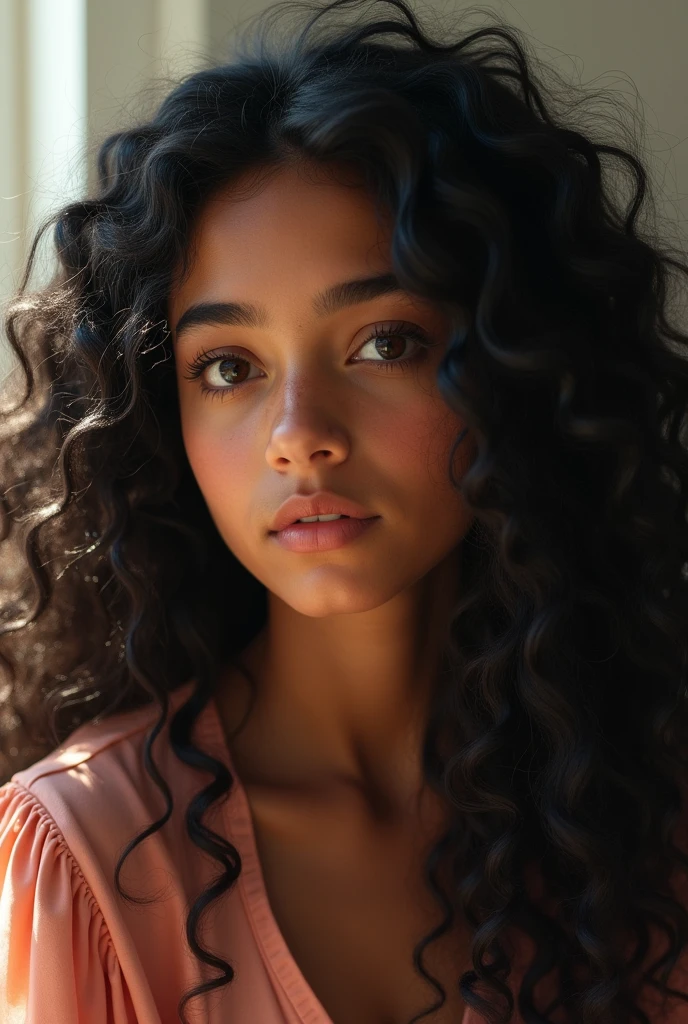 masterpiece, best quality, beautiful African and Asian mixed 19 year old, ebony skin female, long, frizzy, curly dark hair, perfect face, long hair,