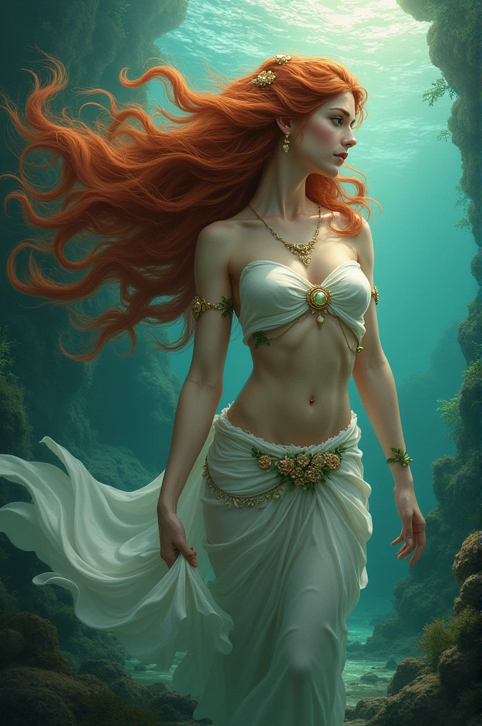 Erzbeth Bathory, the damned countess, beautiful and sensual, completely naked, with completely white and pale skin, pink eyes, with very long and wavy red hair, immersing herself in a golden tub full of blood in a gallery with gold statues, painted by Sandro Botticelli.