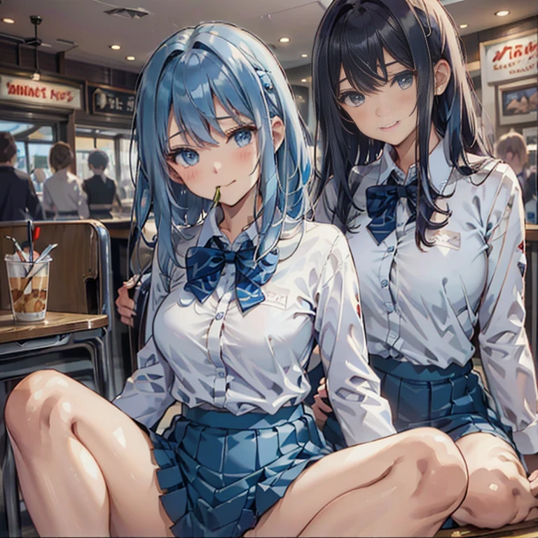 (((beautiful detailed)))(cute face:1.2)1girl, A girl stuffing her face with french fries, Girl crying while eating a pile of french fries, Inside a 1950s-style diner, 1950s-style interior, Navy blue hair, blue eyes, A short-sleeved white shirt with four vertical bow ties, Ahoge, long bob cut with fluffy hair(sharp lines:1.2)(clear line:1.2)(eye details:1.3)(thick border:1.4) animation cel style,ligne claire, limited palette((masterpiece, high quality, best quality))(low contrast: 0.5),Anna yanami, blue hair, blue eyes, school uniform, makeine, too many losing heroines,Watercolor style, watercolor pencil, paper texture,90s style,Anna yanami, blue hair, blue eyes, school uniform, makeine, too many losing heroines, 