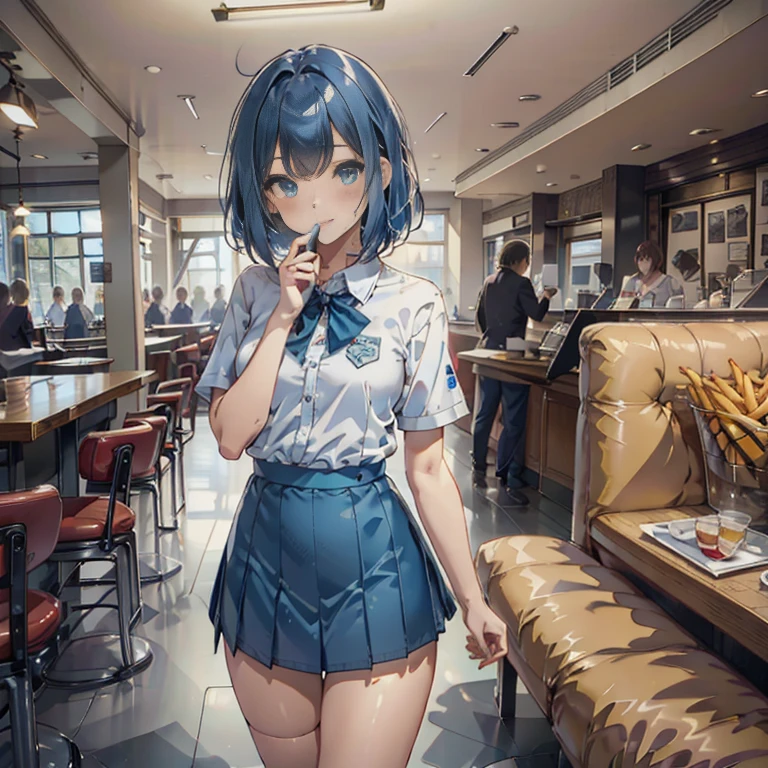 (((beautiful detailed)))(cute face:1.2)1girl, A girl stuffing her face with french fries, Girl crying while eating a pile of french fries, Inside a 1950s-style diner, 1950s-style interior, Navy blue hair, blue eyes, A short-sleeved white shirt with four vertical bow ties, Ahoge, long bob cut with fluffy hair(sharp lines:1.2)(clear line:1.2)(eye details:1.3)(thick border:1.4) animation cel style,ligne claire, limited palette((masterpiece, high quality, best quality))(low contrast: 0.5),Anna yanami, blue hair, blue eyes, school uniform, makeine, too many losing heroines,Watercolor style, watercolor pencil, paper texture,90s style,Anna yanami, blue hair, blue eyes, school uniform, makeine, too many losing heroines, 