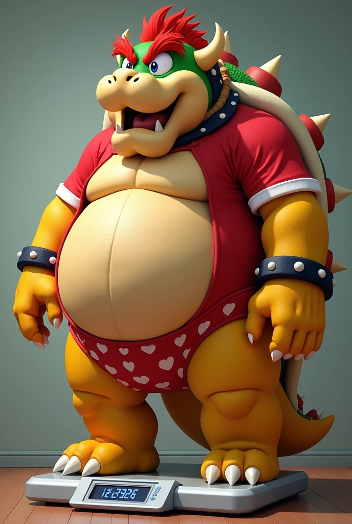 Bowser from Super Mario, morbidly obese, huge round belly, huge moobs, cute, kawaii, heart underpants, tight short sleeves t-shirt