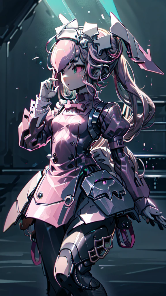 One Girl, alone, High resolution, sight, Accurate, Highest quality, 超High resolution, Shortcuts, Metal life forms、((Android、maid型、maid))、future、Strengthen the outer frame、clear、(saturated color、White)、Pistol、(pink、maid服、Metal parts)、(pinkの目、lens camera、Expressionless、Iron Mask)