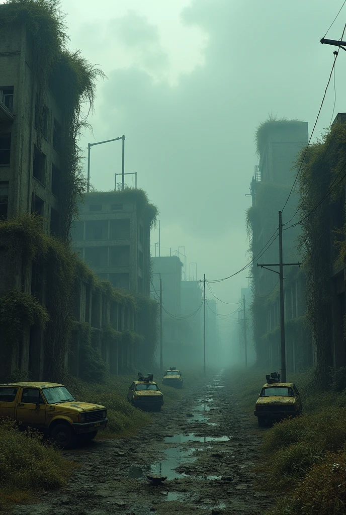 There are many cars parked on the roadside, Post-apocalyptic New York, Cities are pure wastelands, post - Doomsday City streets, in a post Doomsday City, Doomsday City, Post-apocalyptic Tokyo, Post-apocalyptic Times Square, In a ruined cityscape, In a tropical dystopic city, Doomsday City backround, Detailed New York background, post apocalyptic streets