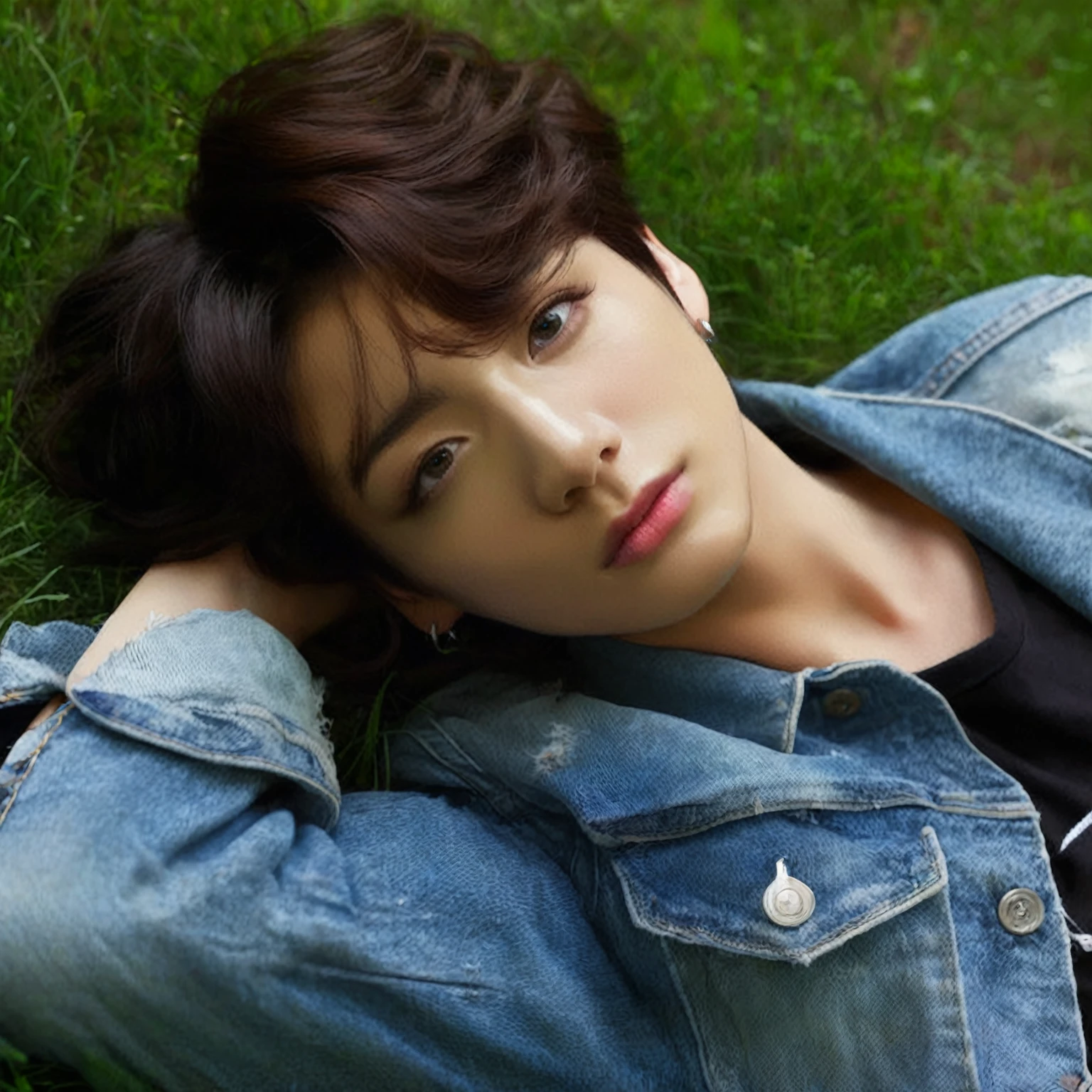 laying on grass, relaxed pose, wearing a distressed denim jacket over a black shirt, long wavy hair, outdoor setting, natural lighting, laid-back atmosphere, light coming from the top, soft shadows.