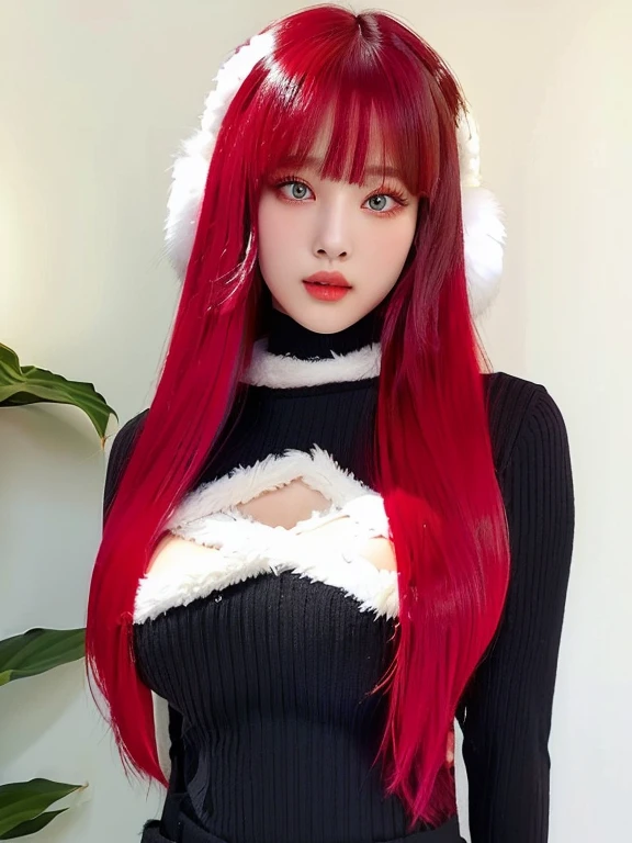 Long hair, straight and vibrant red and light eyes, Black ribbed knit top with white fur details and a cut, white fluffy hair accessories with ears, standing posture, indoor environment, Natural lighting with soft shadows, playful and elegant atmosphere, big breasts ,heavy breasts, girl waist