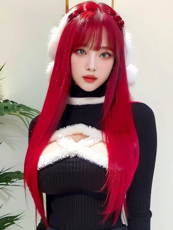 Long hair, straight and vibrant red and light eyes, Black ribbed knit top with white fur details and a cut, white fluffy hair accessories with ears, standing posture, indoor environment, Natural lighting with soft shadows, playful and elegant atmosphere, big breasts ,heavy breasts, girl waist