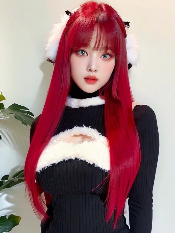 Long hair, straight and vibrant red and light eyes, Black ribbed knit top with white fur details and a cut, white fluffy hair accessories with ears, standing posture, indoor environment, Natural lighting with soft shadows, playful and elegant atmosphere, big breasts ,heavy breasts, girl waist