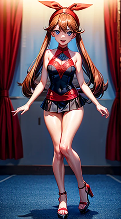 brown hair，blue eyes，long hair，Double tail，red headscarf，Red race swimsuit，Xiaoyao【Pokémon】blush，Smile，medium breasts , black lace tight mini skirt, long legs, sexy black platform high heels sandals，full body shot, spread legs, bedroom background, standing, idle