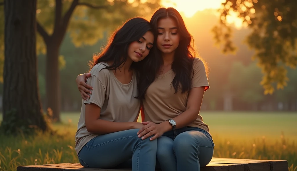 Boy black hair mom black hair girl black hair hugging each other sitting in front of a sunset