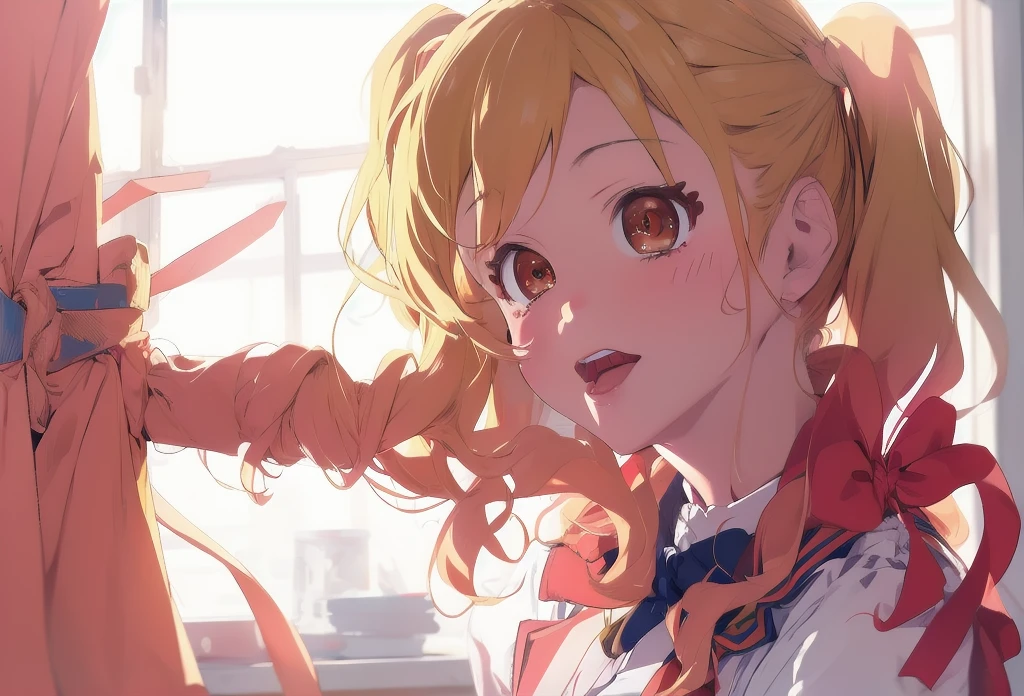 sena horikoshi, golden hair , twin tail , red ribbon on left head, kiss penis, lick penis, look up