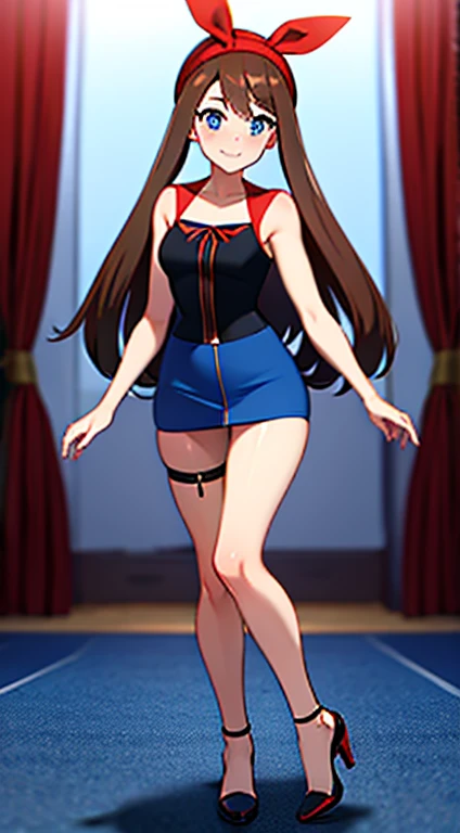 brown hair，blue eyes，long hair，Double tail，red headscarf，Red race swimsuit，Xiaoyao【Pokémon】blush，Smile，medium breasts , black lace tight mini skirt, long legs, sexy black platform high heels sandals，full body shot, spread legs, bedroom background, standing, idle