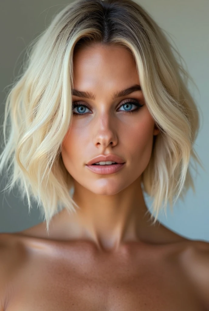 (raw photo),A blonde woman in her a bra top is posing for a photo, beautiful woman pictures, beautiful blonde woman, perfect white haired girl, short wavy blonde hair, blonde woman, gorgeous woman, gorgeous blonde, beautiful blonde girl, beautiful female model, short white hair girl, sexy face, attractive woman, girl with short curly blonde hair