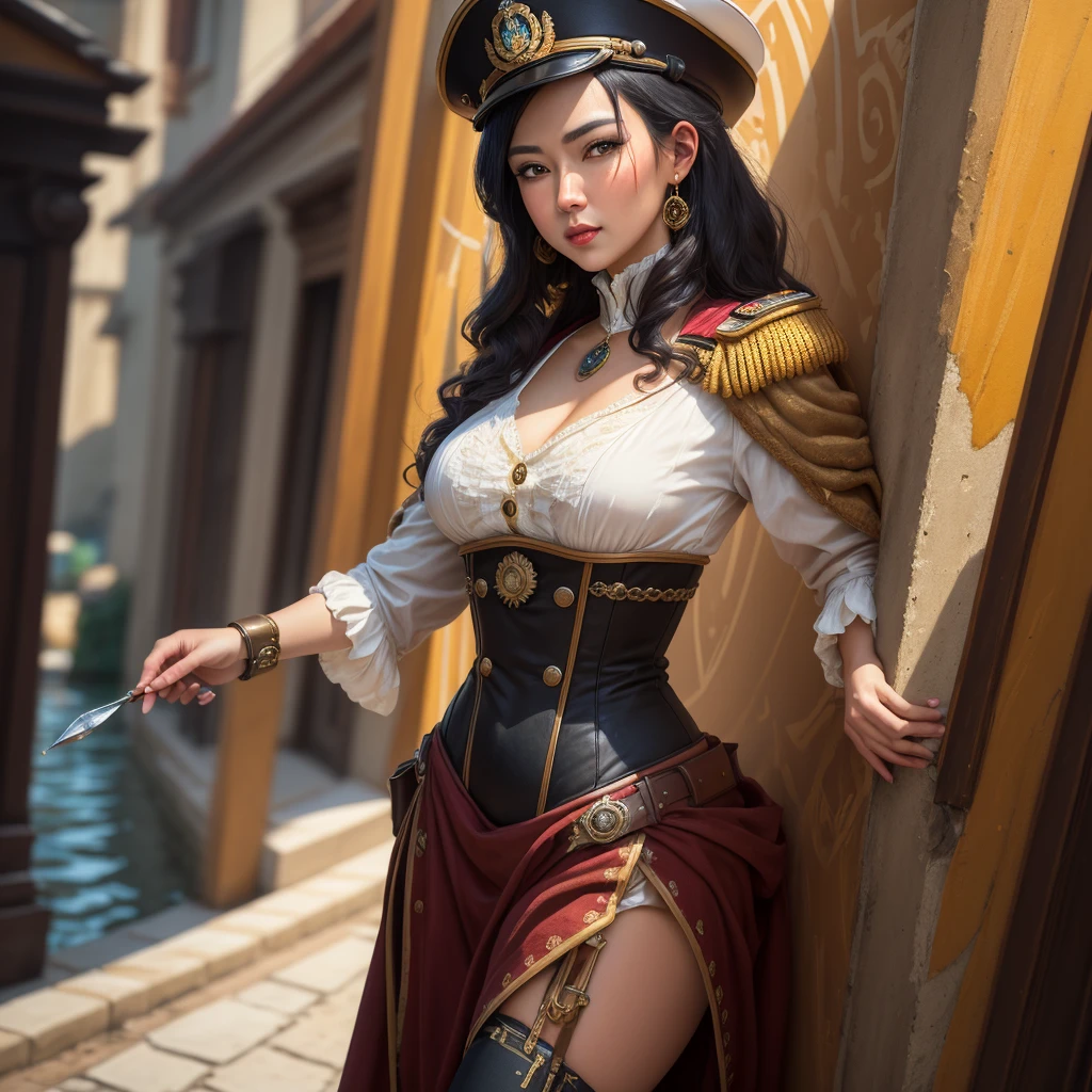 She is Admiral from naval army, century XIX, ((Best quality)), ((masterpiece)), (highly detailed:1.3), Depth-of-field, Multi-layered textures, HDR (High Dynamic Range), Ray Tracing, NVIDIA RTX, Unreal 5, Subsurface scattering, PBR Texturing, Post-processing,
Anisotropic Filtering, Maximum clarity and sharpness, Wide aperture, Low ISO, White balance, Rule of thirds, 8K RAW, art, neoclassical painting, mural, Venetian painting style, oil painting, steampunk style, 