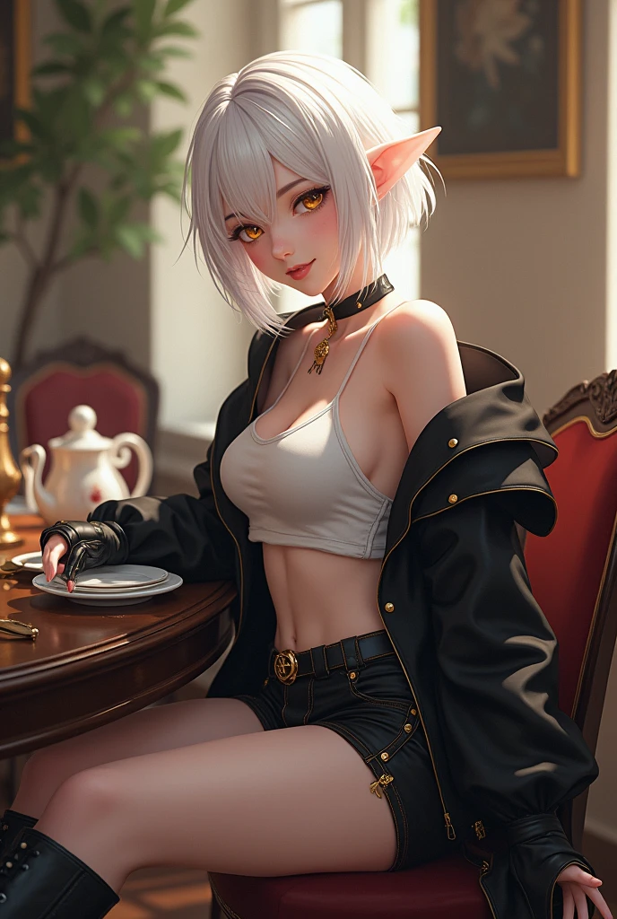 Young black girl, black skin, white colored hair, Bob hairstyle, Orange Eyes, Green rich top, Sleeveless, pantyhouse, crown, Shorts, open breasts, anger, Masterpiece, hiquality