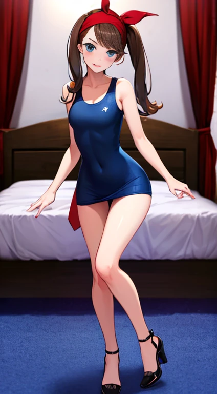 brown hair，blue eyes，long hair，Double tail，red headscarf，Red race swimsuit，Xiaoyao【Pokémon】blush，Smile，medium breasts , black lace tight mini skirt, long legs, sexy black platform high heels sandals，full body shot, spread legs, bedroom background, standing, idle