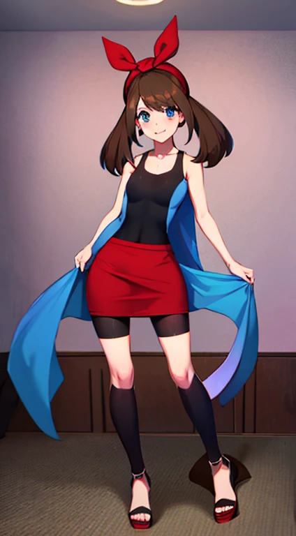 brown hair，blue eyes，long hair，Double tail，red headscarf，Red race swimsuit，Xiaoyao【Pokémon】blush，Smile，medium breasts , black lace tight mini skirt, long legs, sexy black platform high heels sandals，full body shot, spread legs, bedroom background, standing, idle