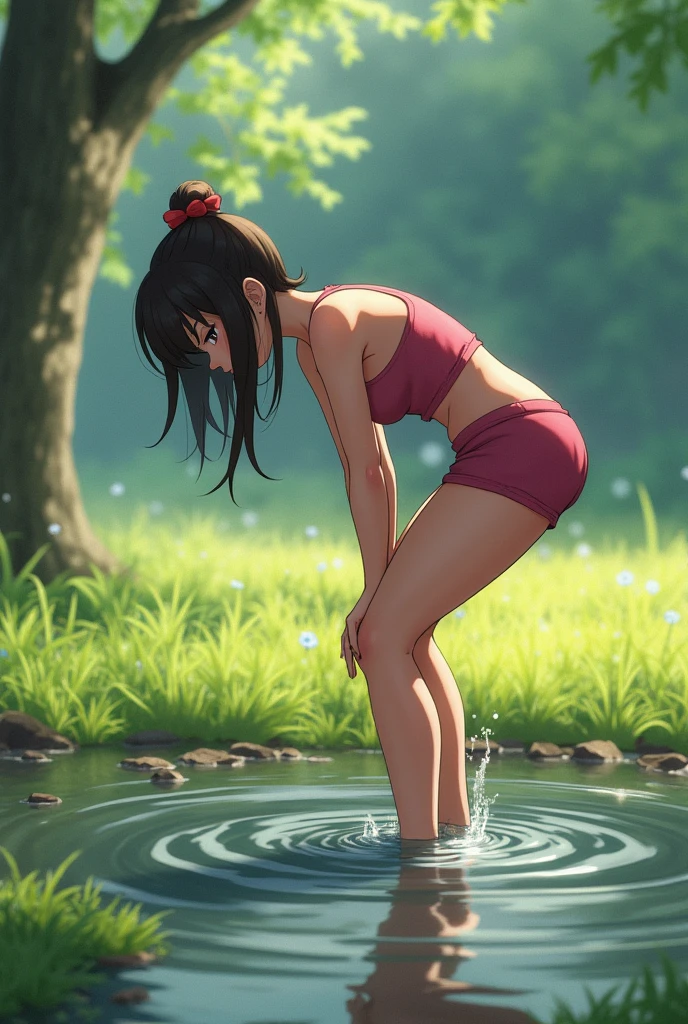(realistic lighting, top quality, 8K, masterpiece: 1.3), , 1 Native American girl, cat on the surface of the river, , slender, short tunic, no underwear, sheer skin, chest up, red cheeks, shy smile, kneeling, legs open, bright sunlight, river surface glowing, face in shadow, detailed watercolor background