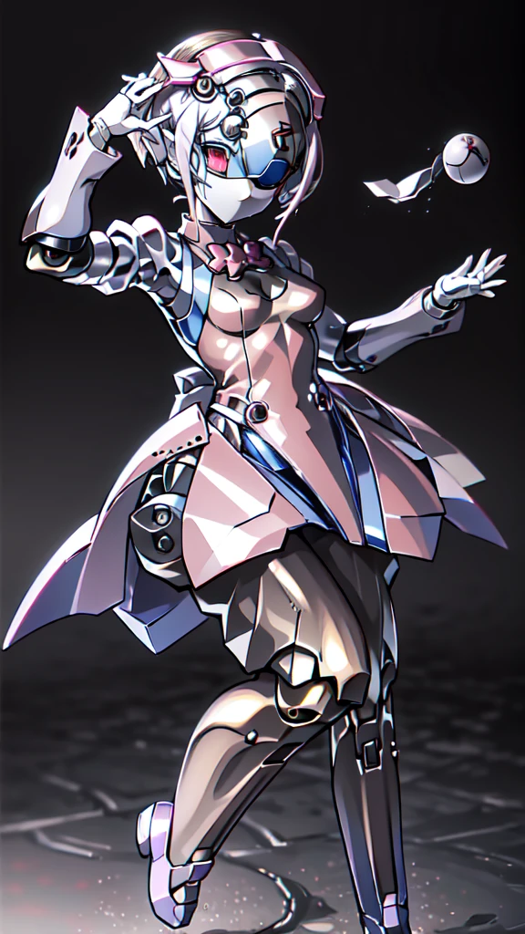 One Girl, alone, High resolution, sight, Accurate, Highest quality, 超High resolution, Shortcuts, Metal life forms、((Android、maid型、maid))、future、Strengthen the outer frame、clear、(saturated color、White)、Pistol、(pink、maid服、Metal parts)、(Robot Eyes、pinkの目、lens camera、Expressionless、Iron Mask)