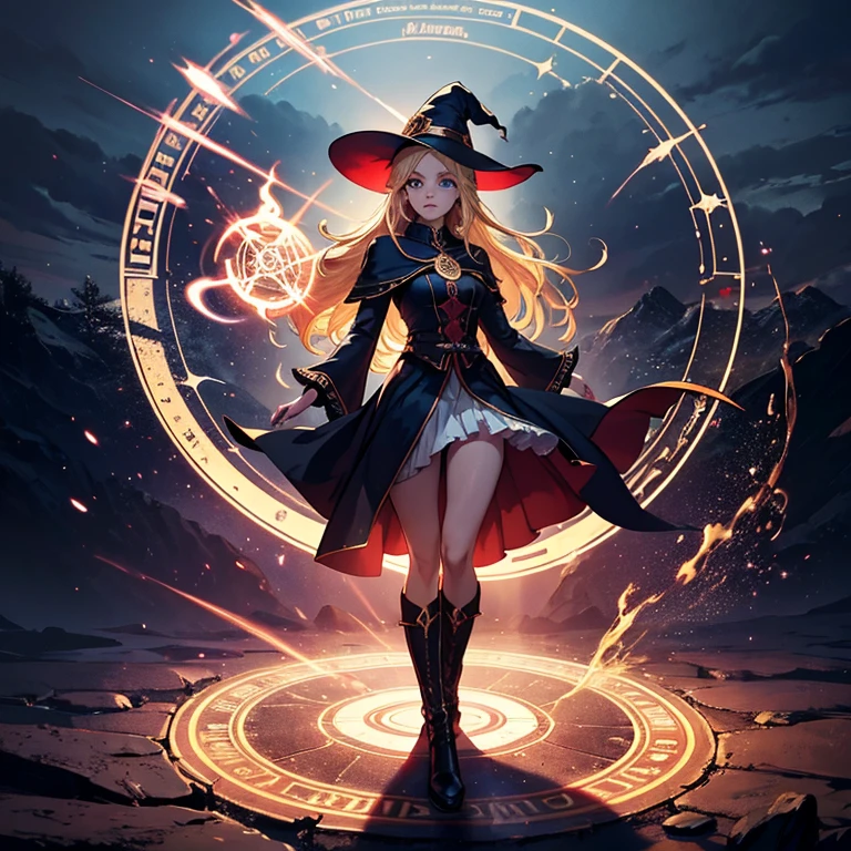 a witch girl invoking a magic circle with her hand in front of her body, young witch, blonde blue eyes, golden boots, white and red clothes, a mysterious and powerful magic circle. Intricate symbols surround the glowing central area, bright casting, sinister light, a powerful sorceress or being within the circle, desolate landscape and dynamic shadows add a dramatic and intense atmosphere.