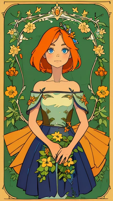 (1girl, solo, highly insanely detailed, masterpiece, top quality, best quality, highres, 4k, 8k, RAW photo),((innocent look)),((Childish)),From the front, symmetrical composition,smile,cute,Innocent,Kind eyes,Flat chest,ArsMJStyle, Art Nouveau Style, forest, vines, (candace_flynn), (medium hair, orange hair, dark blue eyes),
(v1nedr3ss)