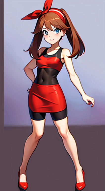 brown hair，blue eyes，long hair，Double tail，red headscarf，Red race swimsuit，Xiaoyao【Pokémon】blush，Smile，medium breasts , black lace tight mini skirt, long legs, sexy black platform high heels sandals，full body shot, spread legs, bedroom background, standing, idle