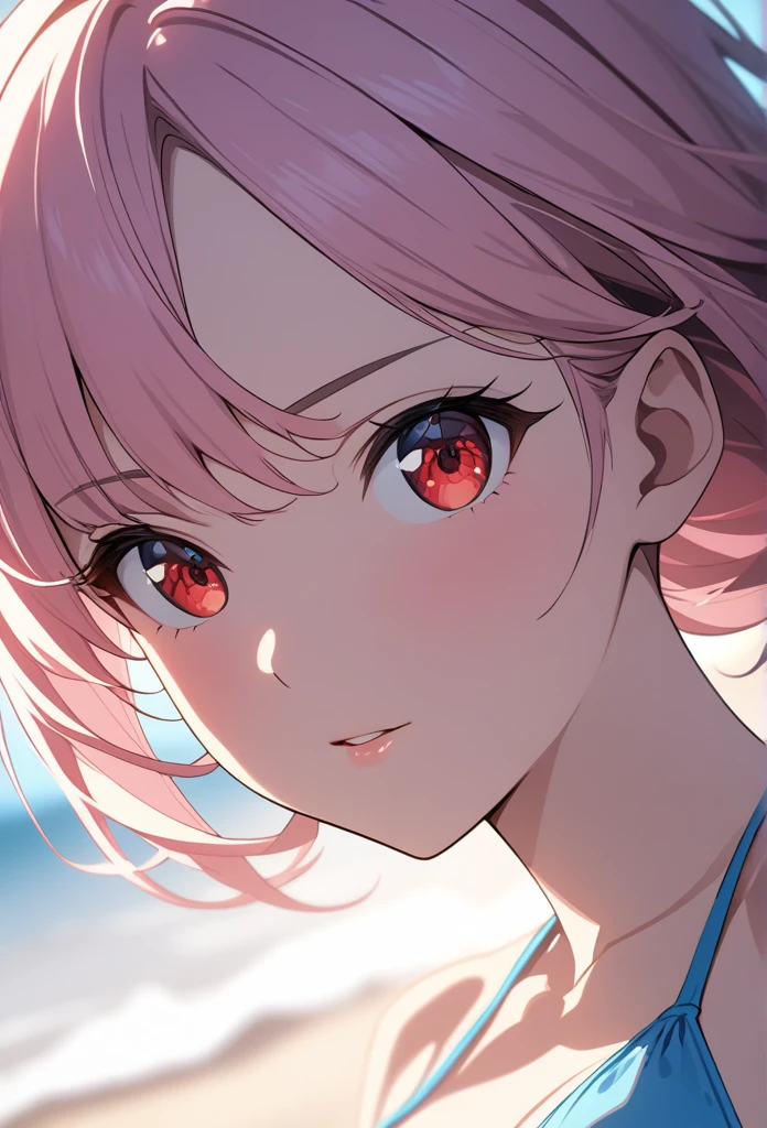 (masterpiece:1.2, Best Quality), (finely detailed beautiful eye: 1.2), (beautiful detailed face), High contrast, (Best Illumination, extremely delicate and beautiful), ((Cinematic Light)), Highest Quality, masterpiece, light particles, close up of honoka, (wearing a sky blue bikini), pink hair, medium hair, red eyes, on the beach, slate colors, light particles, highest quality, masterpiece