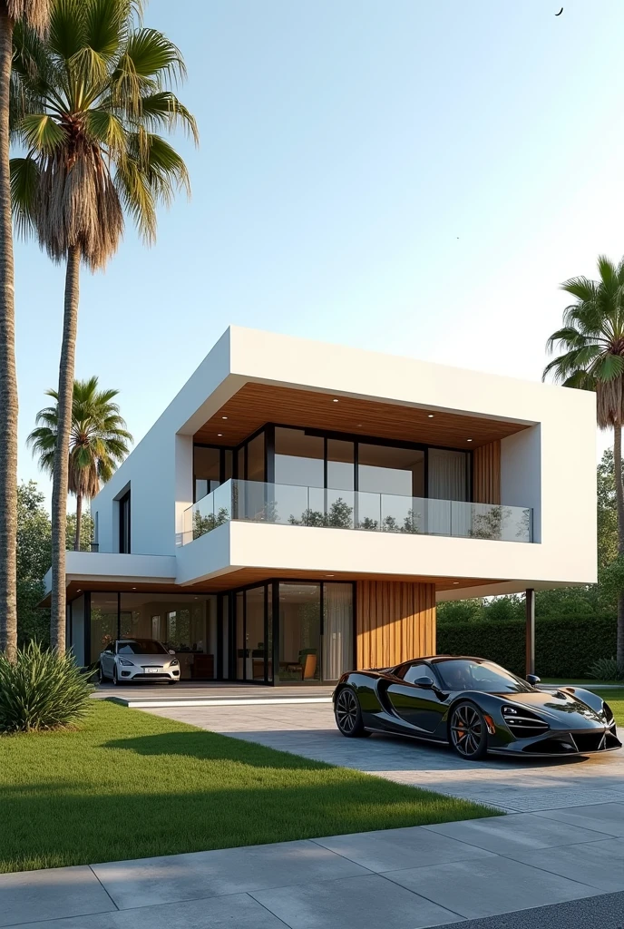 modern architectural design, elegant white facade, geometric lines, two-story luxury house, wood accents, large glass windows, Well-kept lawn, well trimmed bushes, palmtrees, driveway, parked sports car, Sunnyday, shadows cast to the right, Contemporary feel, minimalist aesthetics, atmosfera tranquila, outdoor setting, Ultra realistic 3D , ultra realistic render, vray, 4K ,8k