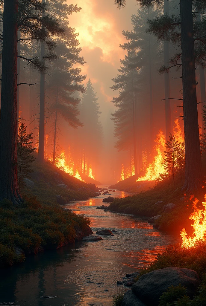 Trees in the upper background in flames, trees cut in lower foreground felled