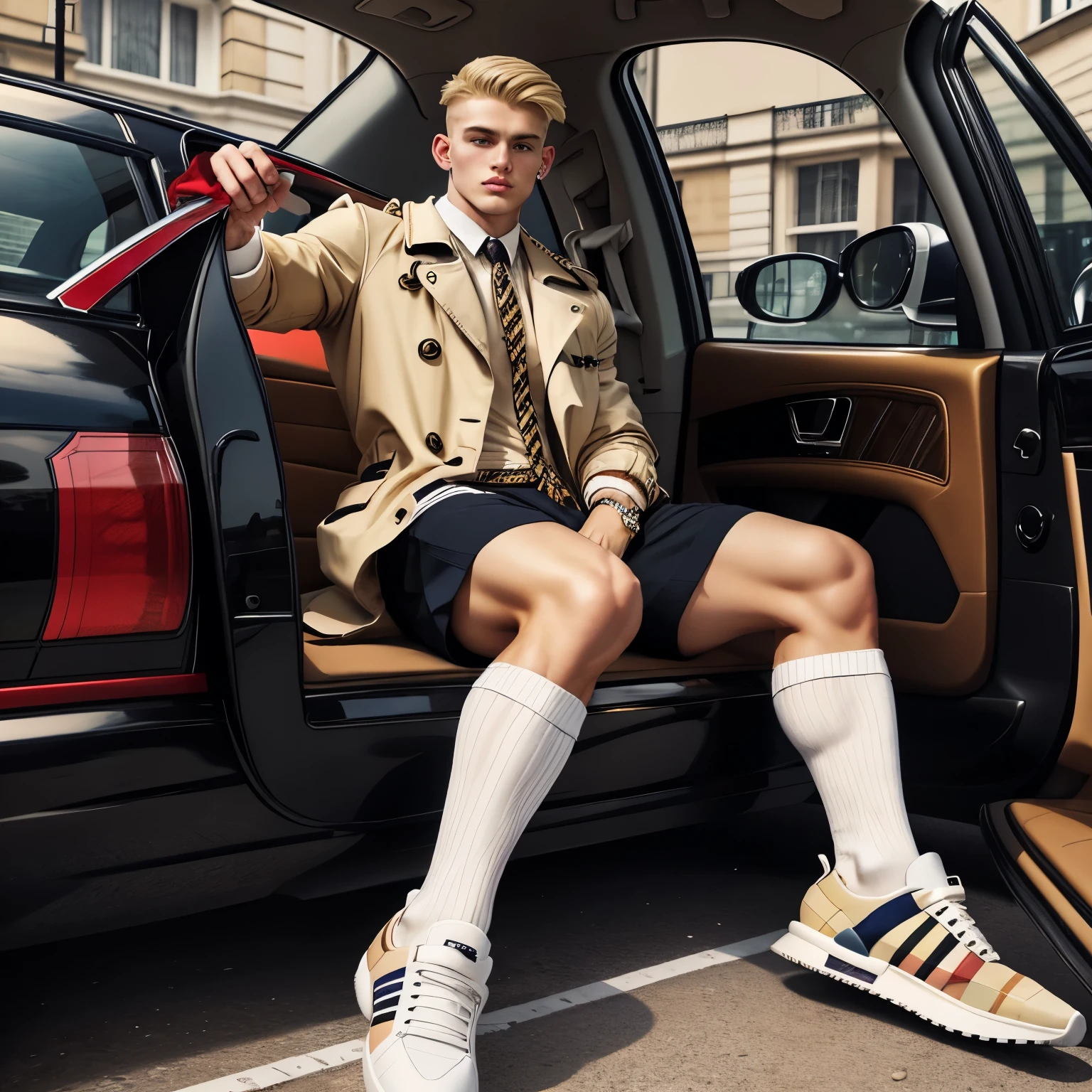 full view full body, one super-chav Burberry blonde boy, clean shaved scallystyle undercut haircutexcessively bling bling, arrogant and drunk, wearing also Burberry hype sneakers and Burberry socks, in London East suburbia next Burberry style decorated car. Selfie. Burberry socks must be seen