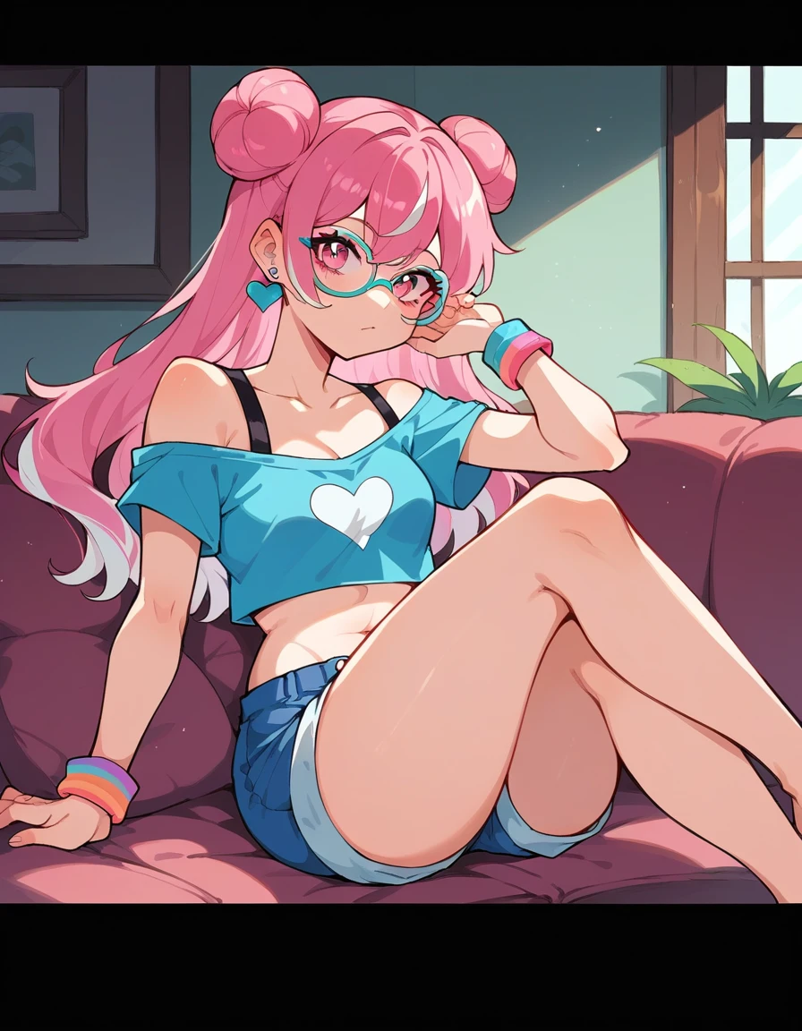 a girl with long pink hair and white streaks, vibrant pink eyes and small breasts. She wears a pink and blue outfit, next to a blue heart earring, colorful bracelets and glasses with purple lenses, Her outfit is cute and short, But provocative and inviting, short rosa/ pink short shorts, blusa azul , sitting on the living room sofa, resting your cheek on your hand and your elbow on the sofa. She smiles annoyingly and mischievously. pink hair with white highlights. face detailed