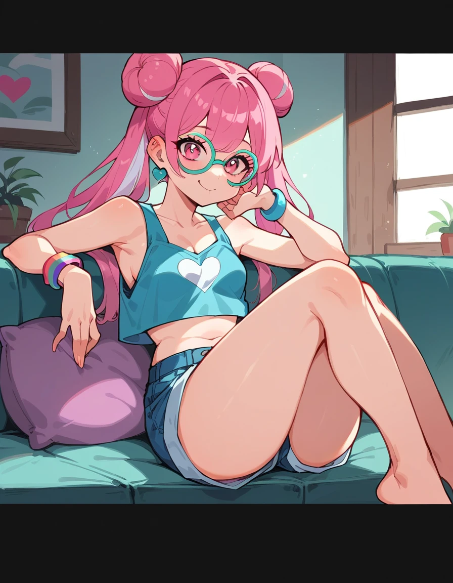 a girl with long pink hair and white streaks, vibrant pink eyes and small breasts. She wears a pink and blue outfit, next to a blue heart earring, colorful bracelets and glasses with purple lenses, Her outfit is cute and short, But provocative and inviting, short rosa/ pink short shorts, blusa azul , sitting on the living room sofa, resting your cheek on your hand and your elbow on the sofa. She smiles annoyingly and mischievously. pink hair with white highlights. face detailed