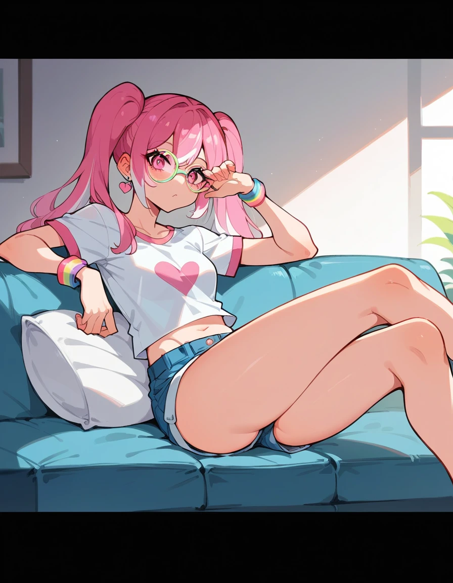 a girl with long pink hair and white streaks, vibrant pink eyes and small breasts. She wears a pink and blue outfit, next to a blue heart earring, colorful bracelets and glasses with purple lenses, Her outfit is cute and short, But provocative and inviting, short rosa/ pink short shorts, blusa azul , sitting on the living room sofa, resting your cheek on your hand and your elbow on the sofa. She smiles annoyingly and mischievously. pink hair with white highlights. face detailed