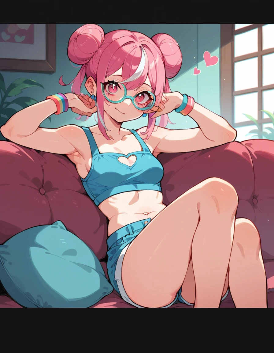 a girl with long pink hair and white streaks, vibrant pink eyes and small breasts. She wears a pink and blue outfit, next to a blue heart earring, colorful bracelets and glasses with purple lenses, Her outfit is cute and short, But provocative and inviting, short rosa/ pink short shorts, blusa azul , sitting on the living room sofa, resting your cheek on your hand and your elbow on the sofa. She smiles annoyingly and mischievously. pink hair with white highlights. face detailed