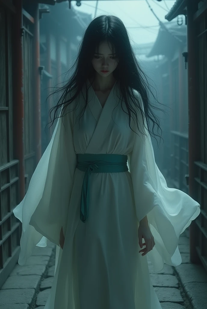 **Prompt:** Create an ultra-realistic 8K resolution image of Yuki-onna, the mythical figure from Japanese folklore, reimagined as the ultimate horror character while retaining her iconic features. Yuki-onna’s signature pale, almost translucent skin takes on an eerie, ghostly glow, enhancing her terrifying and otherworldly presence. Her long, jet-black hair is disheveled, cascading wildly around her face and shoulders, adding to her haunting appearance.

Her eyes, once captivating icy blue, are now hollow and piercing, glowing with an ominous light that seems to stare into the viewer's soul. Her lips, tinted a deep, blood-red, are curled into a chilling, almost predatory smile that exudes malice and terror.

She is dressed in a tattered, ancient kimono, the icy blue fabric now faded and torn, with hints of dark stains that hint at her sinister nature. The kimono flows unnaturally around her, as if caught in an invisible, ghostly wind, adding to the sense of dread she emanates.

The background is a desolate, snow-covered landscape, with twisted, dead trees and a dark, stormy sky. The ground beneath her is cracked and frozen, with shadows that seem to move on their own, creating an atmosphere of overwhelming fear and despair.

The composition places Yuki-onna at the center, her ghostly figure dominating the scene, with her haunting features and terrifying aura emphasized by the dark, ominous surroundings. The scene captures the perfect blend of Yuki-onna’s mystical origins with the terror and dread of ultimate horror, creating a visually spine-chilling and unforgettable portrayal.